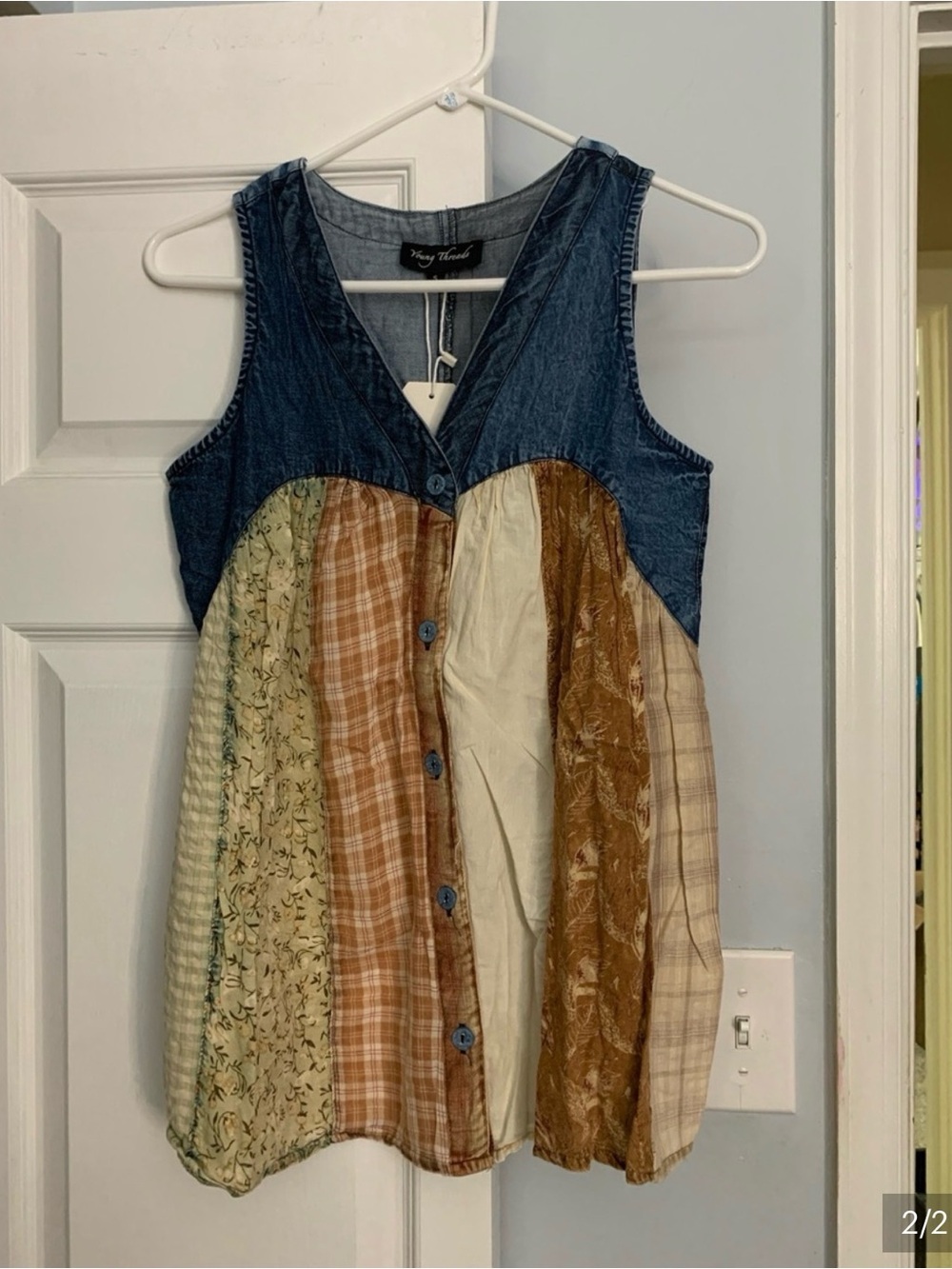 Young Threads Patchwork V-Neck Sleeveless Top in Blue and Earth Tones - Picture 2 of 2